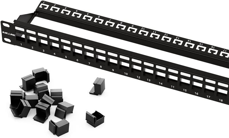 iwillink 24 Port Blank Keystone Patch Panel with Blank Keystone Jack Inserts 1U 19'' Metal Rackmount or Wallmount Housing for Keystone Jacks Keystone Panel - Image 1